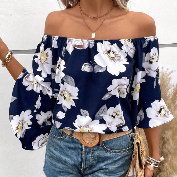 Tops - Boho Floral Print Off Shoulder Ruffle Sleeve Blouse